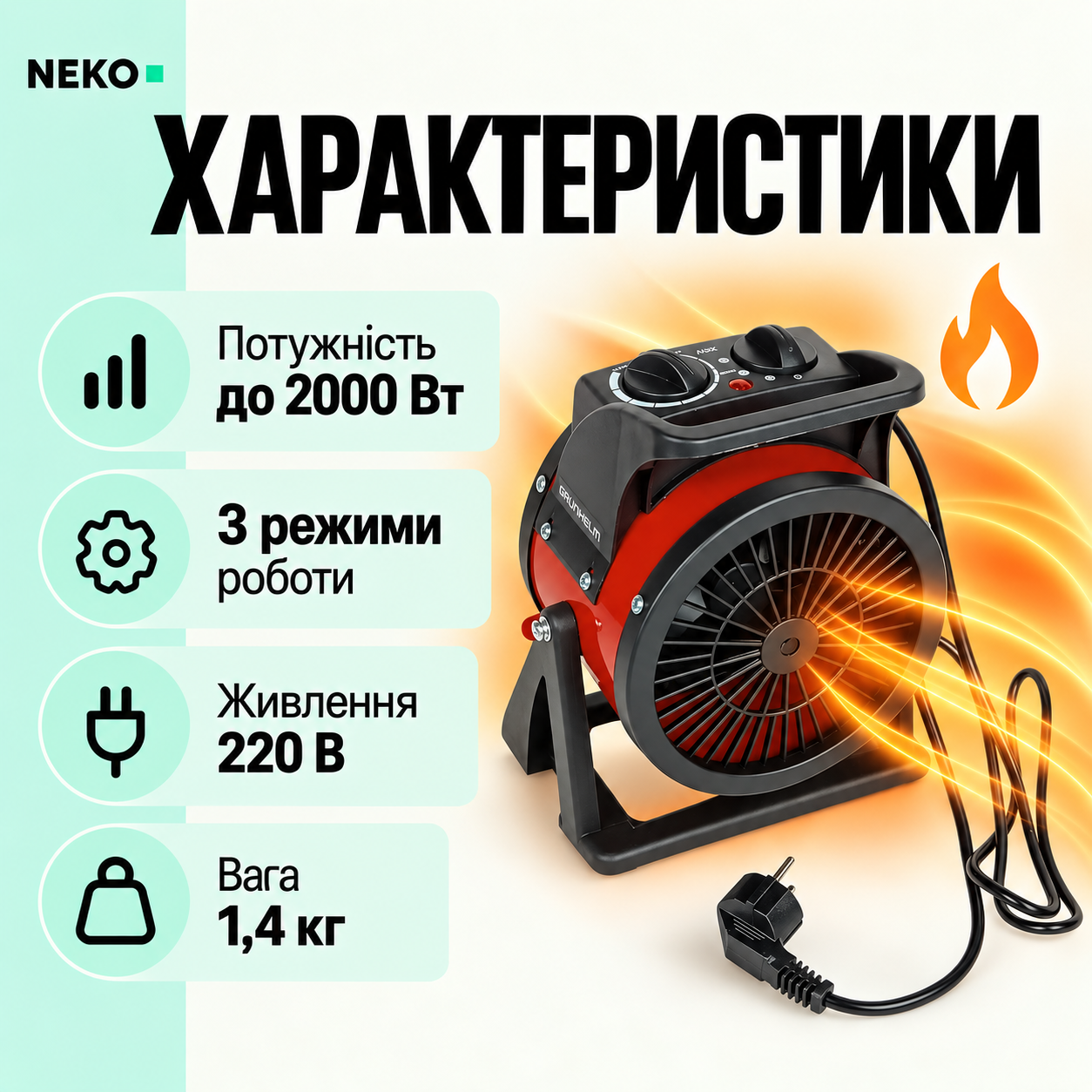 Керамический тепловентилятор Grunhelm PTC-2000T 2000 Вт, компактная электрическая пушка с термостатом