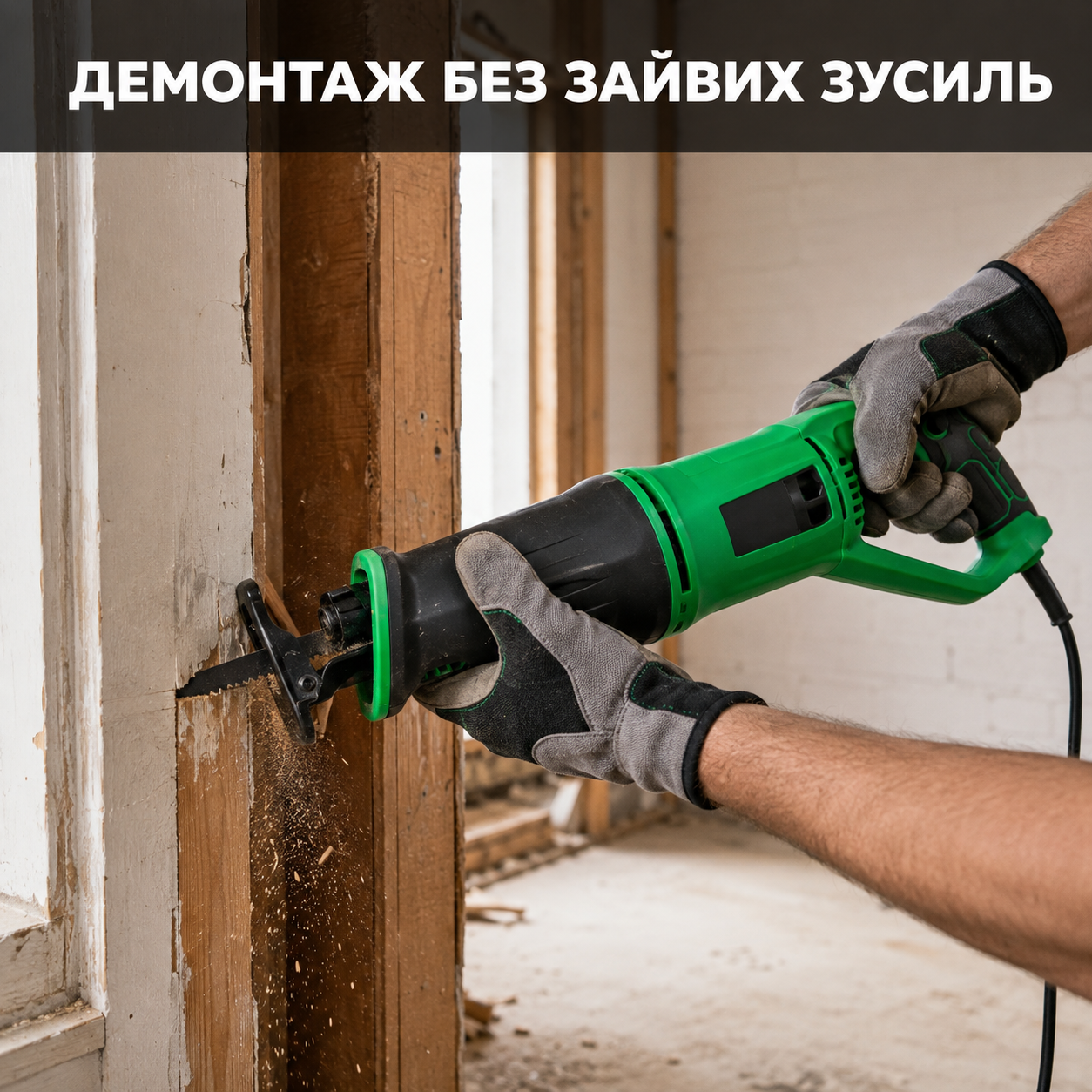 Электроножовка выполняет демонтаж деревянной рамы