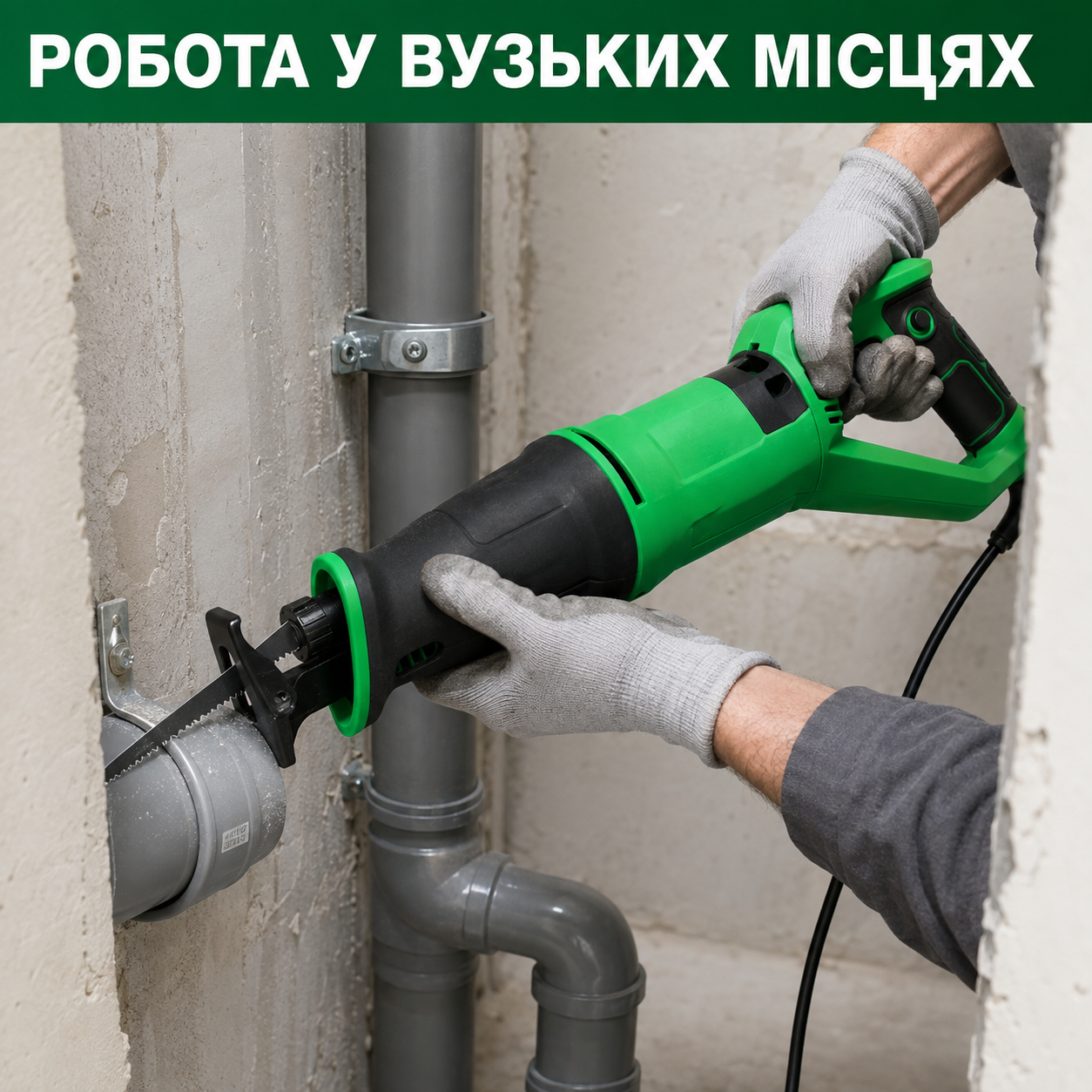 Сабельная электропила режет пластиковую трубу в нише