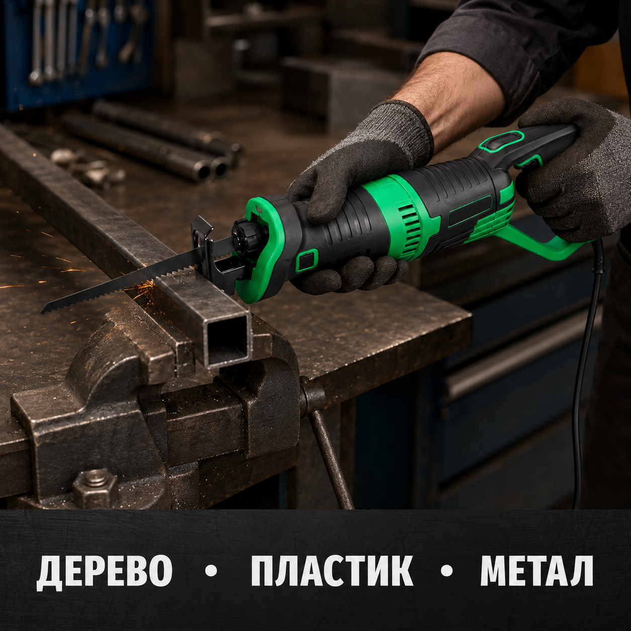 Электрическая ножовка режет металлический профиль
