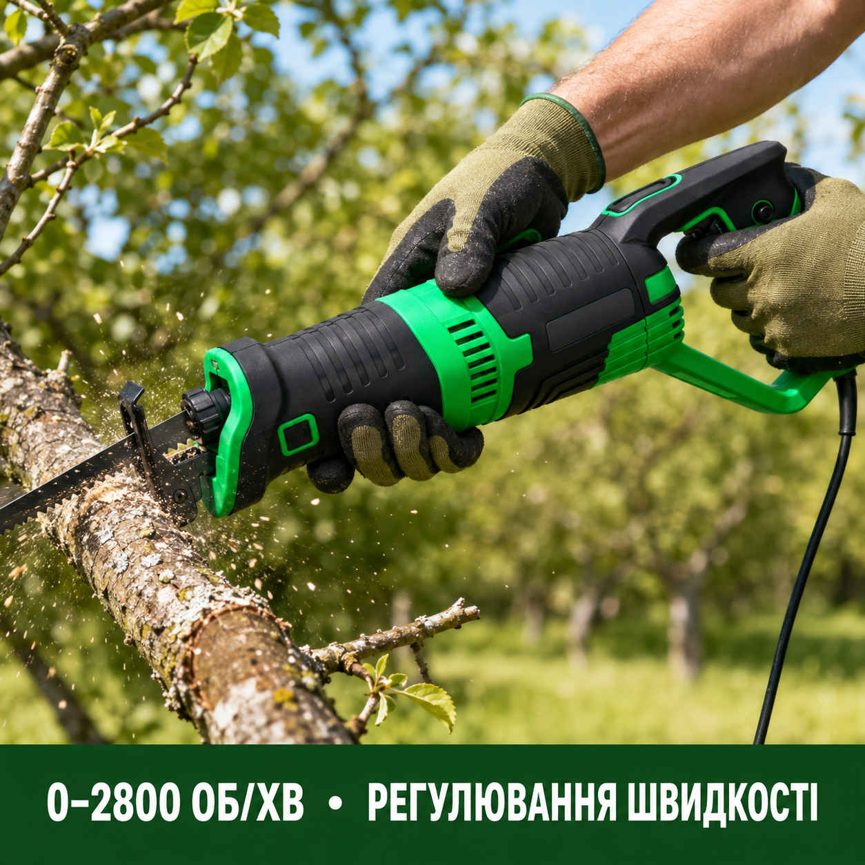 Сетевая пила обрезает ветку в саду