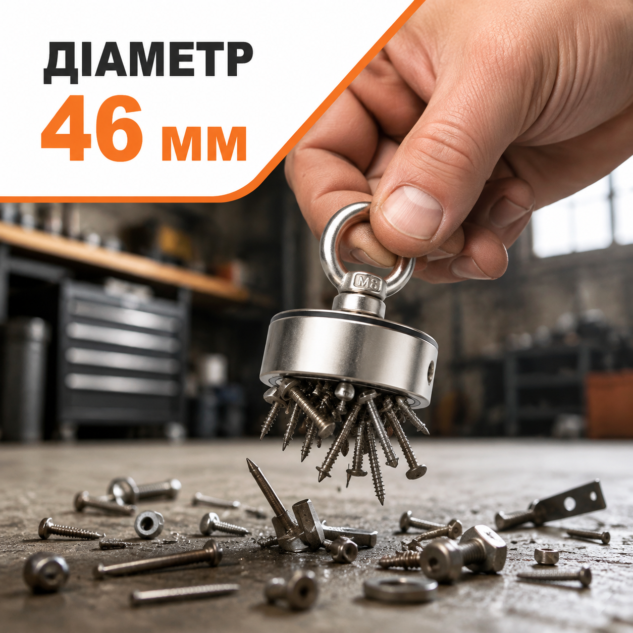 Магнит 46 мм собирает гвозди и болты