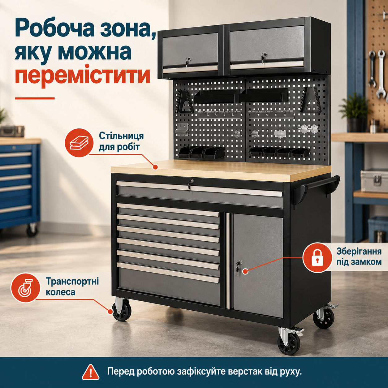 Колеса для перестановки, фіксація для роботи