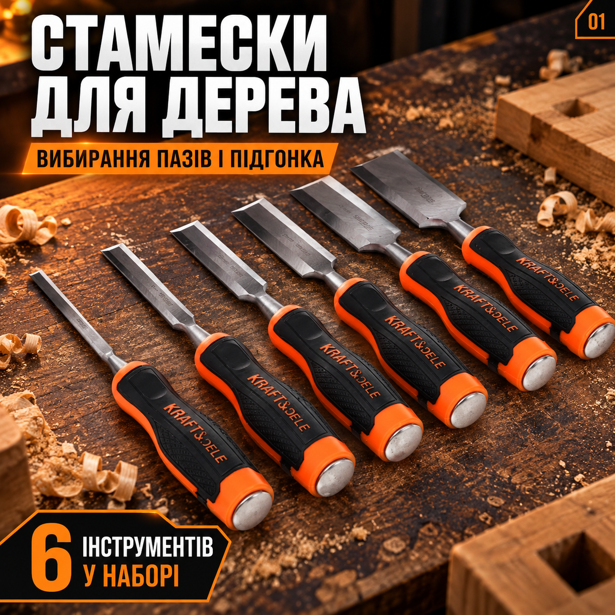 Набор стамесок по дереву Kraft&Dele KD11772 6 шт. 6–38 мм, столярные долота с прорезиненными ручками: фото 1