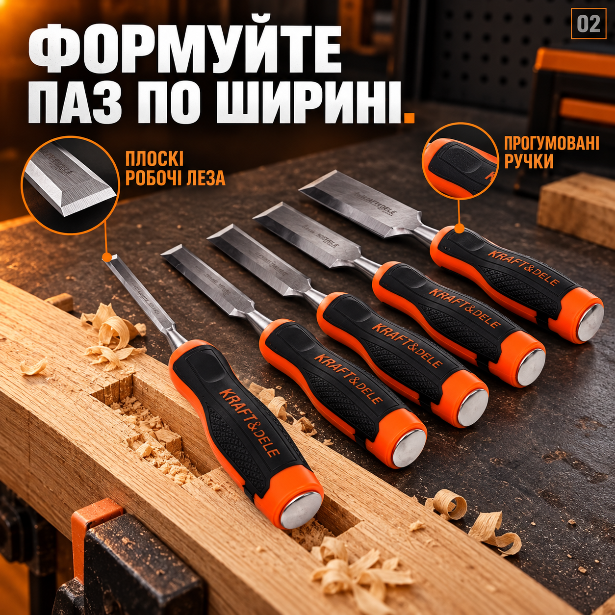 Набор стамесок по дереву Kraft&Dele KD11772 6 шт. 6–38 мм, столярные долота с прорезиненными ручками: фото 2