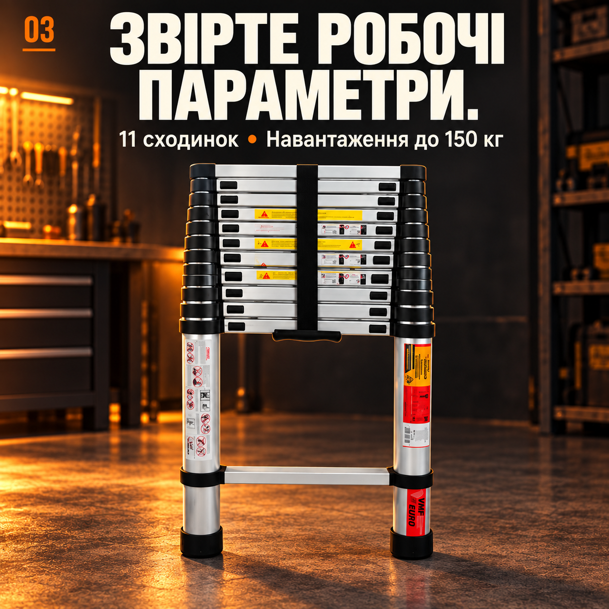 Алюминиевая лестница VMF EURO Superior 101834, 11 ступеней, телескопическая конструкция до 3,2 м