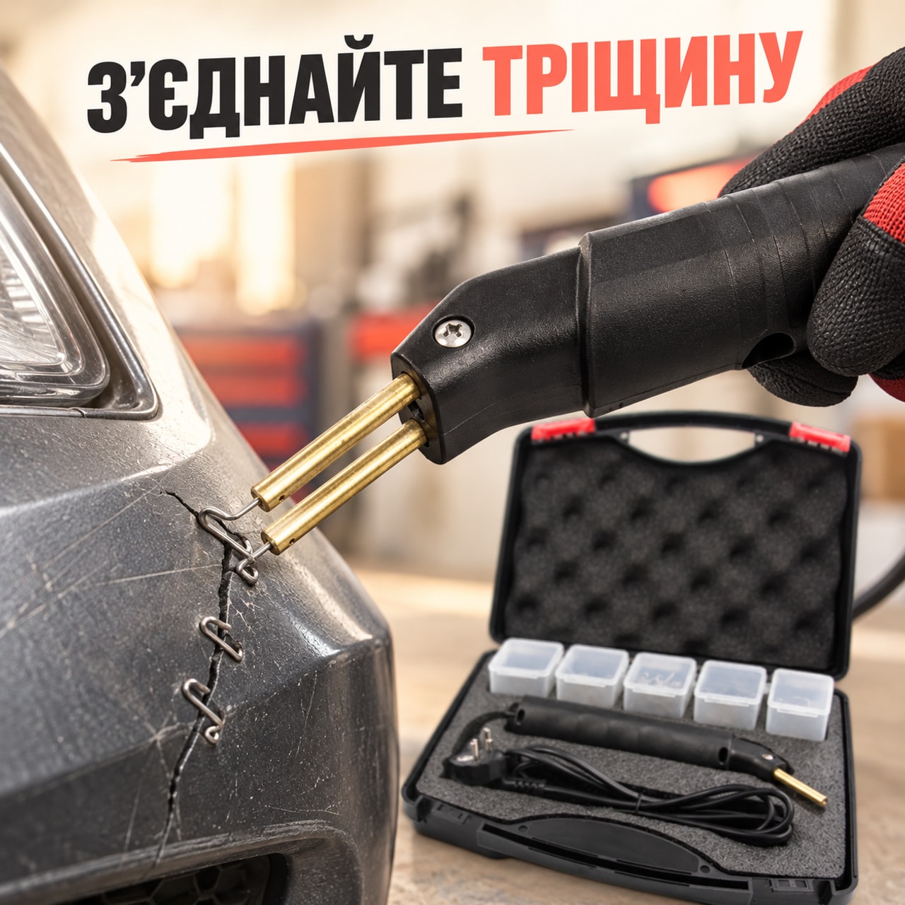 Паяльник для пластика Mar-Pol M57457 со скобами в кейсе, горячий степлер для ремонта бампера: фото 2