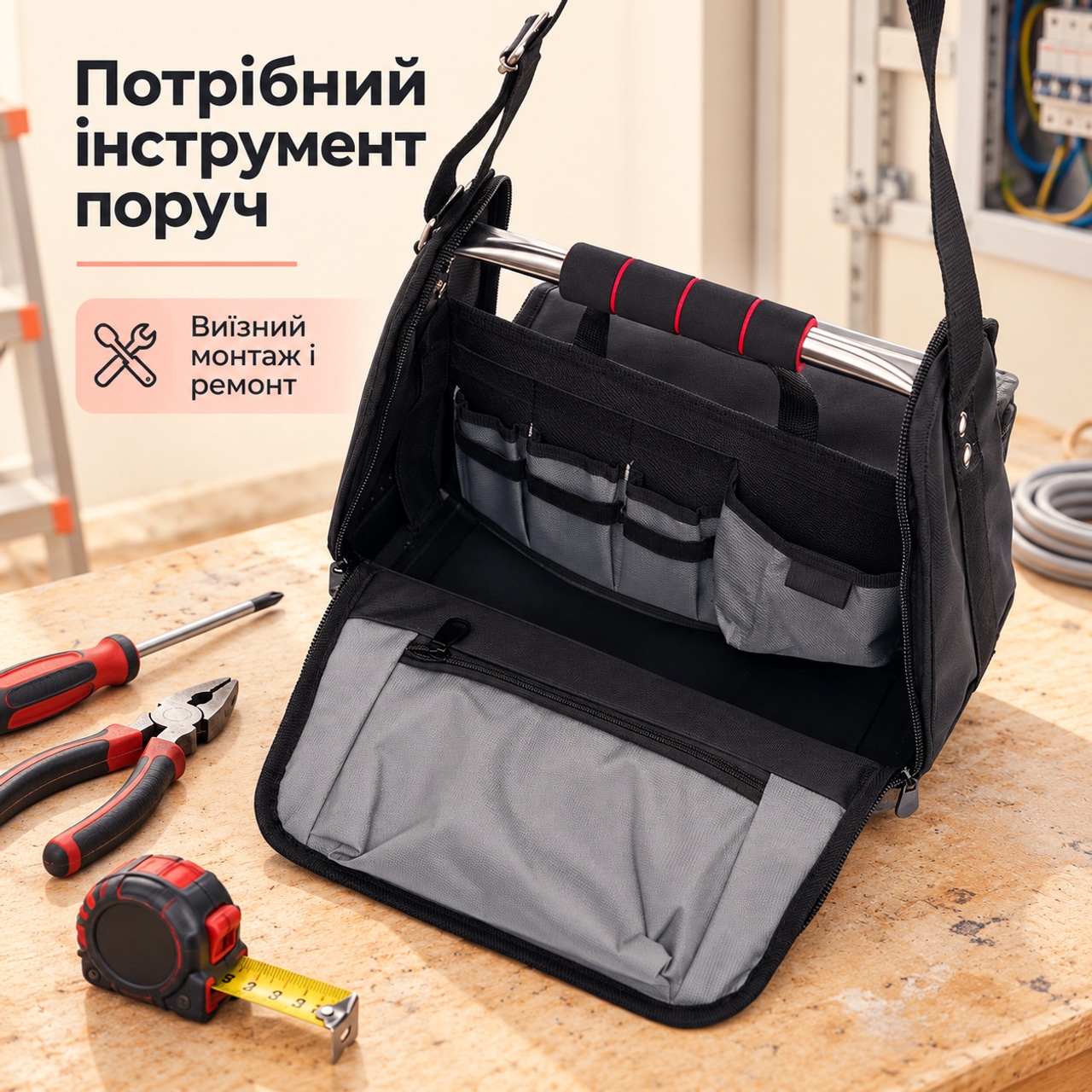 Сумка для инструментов Kraft&Dele KD2039 37×20×29 см, органайзер с жестким дном и плечевым ремнем: фото 2